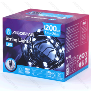 Low voltage string lights(PVC & copper), cold white, 20m ,IP44, Indoor&Outdoor, Color box