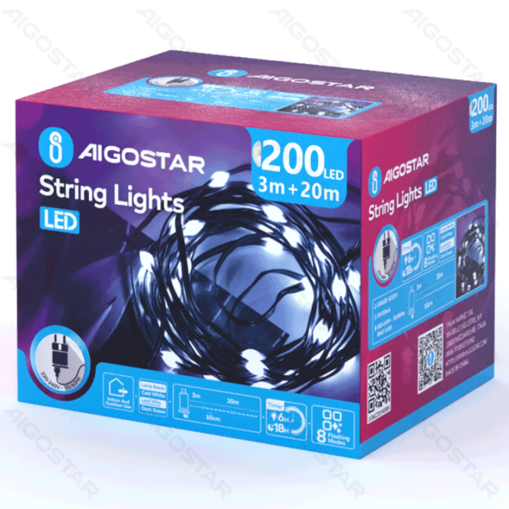 Žemos įtampos girliandos (PVC & varis), šaltai balta, 20m, IP44, vidaus ir lauko, spalvota dėžutė