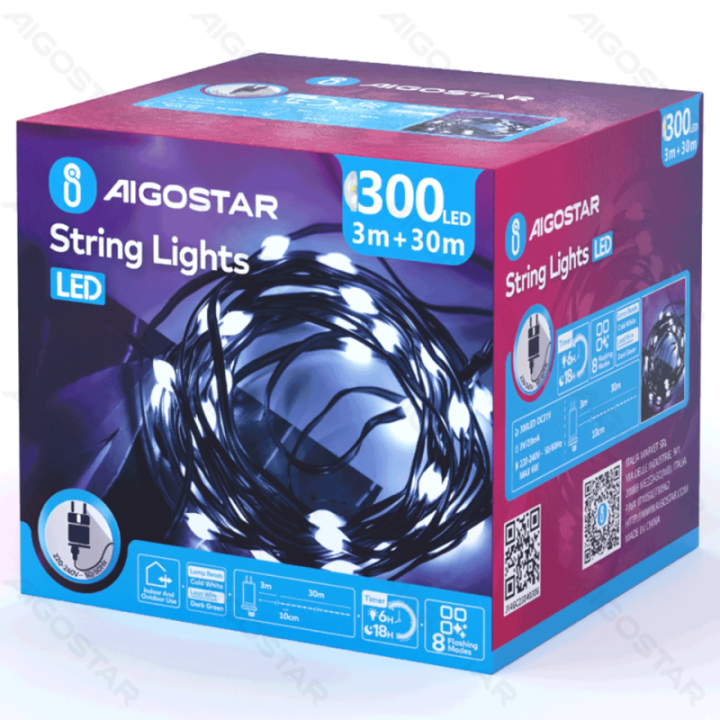 Žemos įtampos girliandos (PVC & varis), šaltai balta, 30m, IP44, vidaus ir lauko, spalvota dėžutė