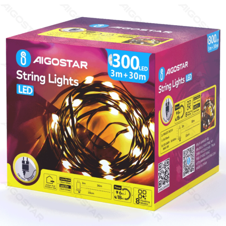 Žemos įtampos girliandos (PVC & varis), šiltai balta, 30m, IP44, vidaus ir lauko, spalvota dėžutė