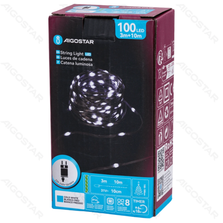 Žemos įtampos girliandos (PVC & copper), šaltai balta, 10m ,IP44, vidaus ir lauko, spalvota dėžutė