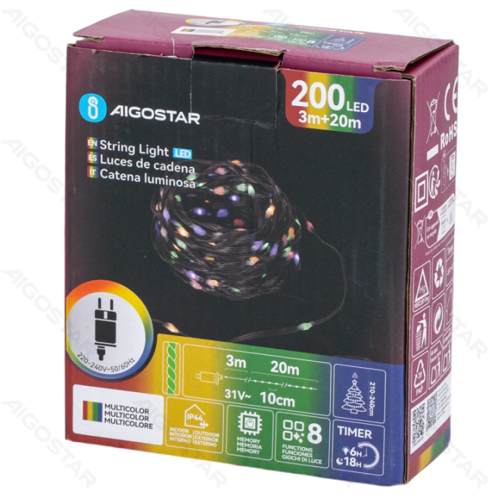 Žemos įtampos girliandos (PVC & copper), RGBY, 20m ,IP44, vidaus ir lauko, spalvota dėžutė