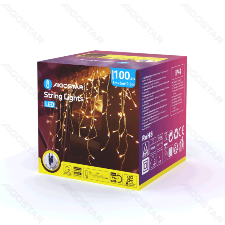 Žemos įtampos varveklių (banguotos) plokščios girliandos, šilta balta, 5m*0.6m ,IP44, vidaus ir lauko, 25 juostelių, spalvota d…