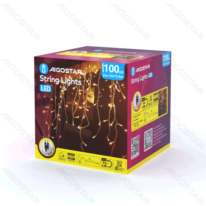 Žemos įtampos varveklių (banguotos) plokščios girliandos, šilta balta, 5m*0.6m ,IP44, vidaus ir lauko, 25 juostelių, spalvota d…