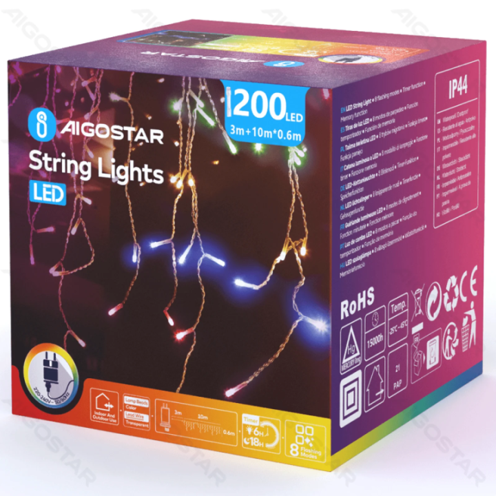 Žemos įtampos varveklių (banguotos) plokščios girliandos, RGBY, 10m*0.6m ,IP44, vidaus ir lauko, 50 juostelių, spalvota dėžutė