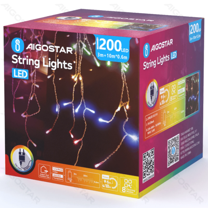 Žemos įtampos varveklių (banguotos) plokščios girliandos, RGBY, 10m*0.6m ,IP44, vidaus ir lauko, 50 juostelių, spalvota dėžutė