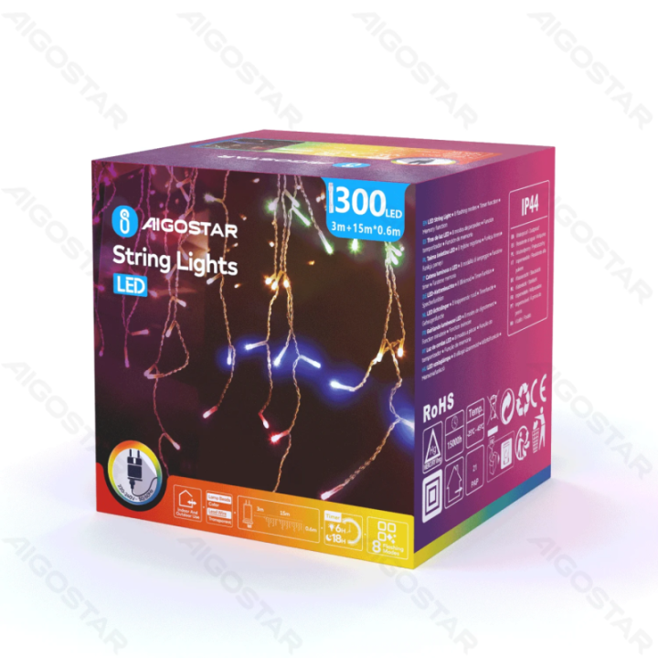 Žemos įtampos varveklių (banguotos) plokščios girliandos, RGBY, 15m*0.6m, IP44, vidaus ir lauko, 75 juostelių, spalvota dėžutė