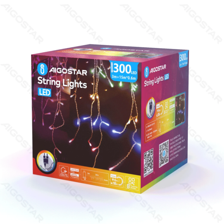 Žemos įtampos varveklių (banguotos) plokščios girliandos, RGBY, 15m*0.6m, IP44, vidaus ir lauko, 75 juostelių, spalvota dėžutė