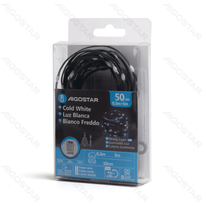 3AA baterijomis girliandos (PVC & copper), šaltai balta, 5m ,IP44, vidaus ir lauko