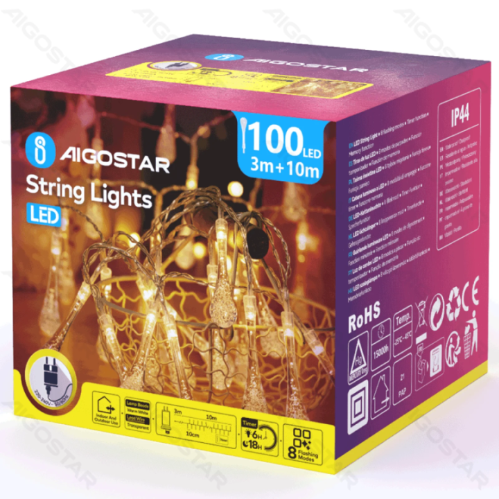 Žemos įtampos lašelio formos girlianda, šilta balta, 10m ,IP44, Vidaus&Lauko, Spalvota dėžutė