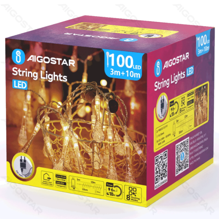 Žemos įtampos lašelio formos girlianda, šilta balta, 10m ,IP44, Vidaus&Lauko, Spalvota dėžutė