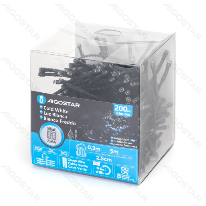 3AA baterijų petardos tipo plokščios girliandos, balta, 5m ,IP44, Vidaus&Lauko