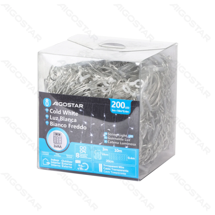 3AA baterijų varveklio (lygus) plokščias girliandas, balta, 10m*0.4m 50 juostų ,IP44, Vidaus&Lauko