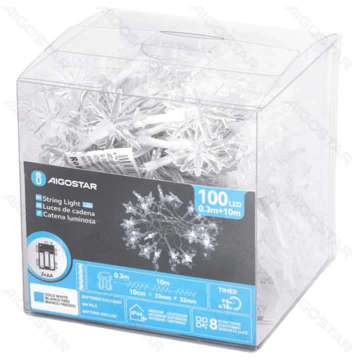 3AA baterijų žvaigždžių/snaigių girliandos, šaltai balta, 10m, IP44, vidaus ir lauko