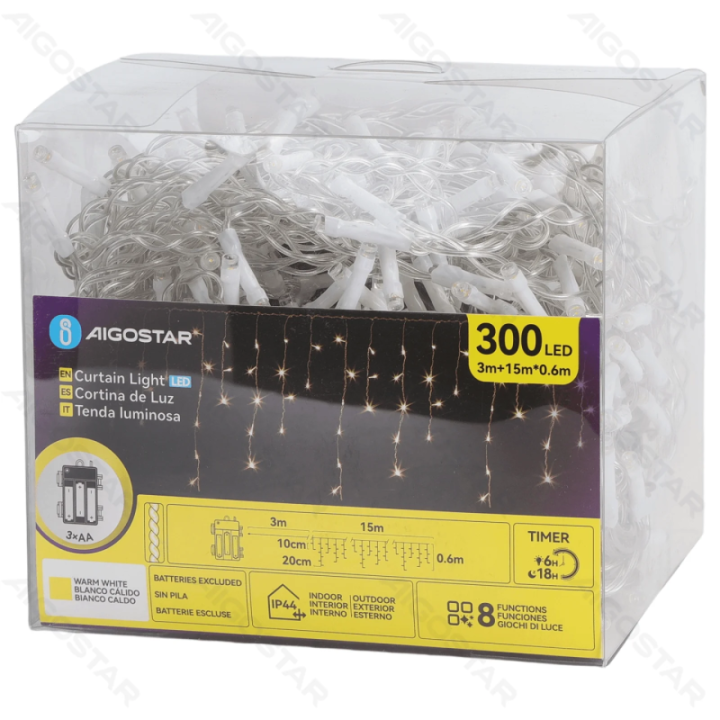 3AA battery icicle (wave) flat string lights, warm white, 15m*0.6m, IP44, Indoor&Outdoor 75 strips