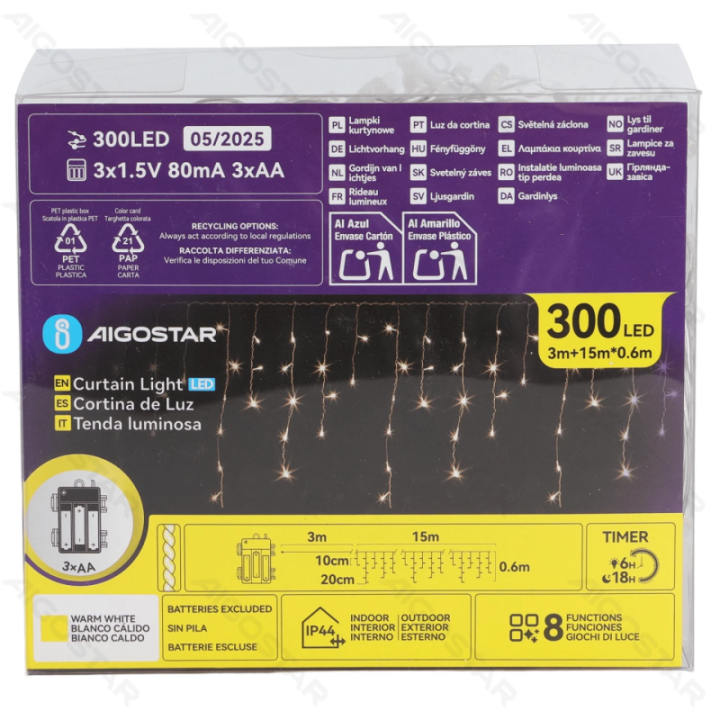 3AA battery icicle (wave) flat string lights, warm white, 15m*0.6m, IP44, Indoor&Outdoor 75 strips