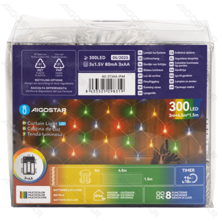 3AA battery net light flat string lights, RGBY, 4.5m*1.5m, IP44, Indoor&Outdoor