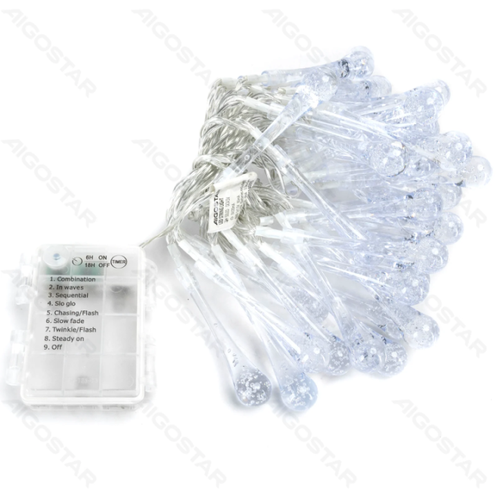 3AA baterijų lašo formos girliandos, šaltai balta, 5m, IP44, Vidaus ir lauko