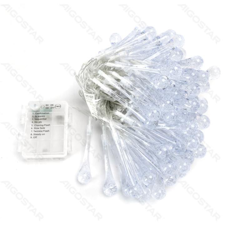 3AA baterijomis maitinama lašo formos girlianda, RGBY, 10m ,IP44, vidaus ir lauko