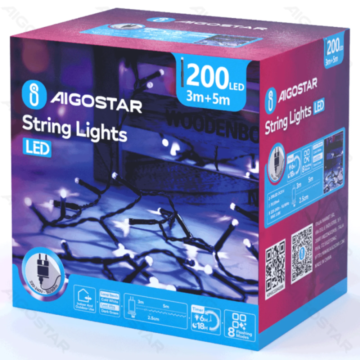 Žemos įtampos petardų plokščios girliandos, balta, 5m ,IP44, vidaus ir lauko, spalvota dėžė