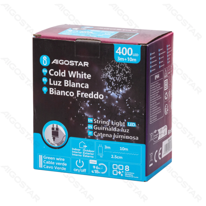 Žemos įtampos petardų plokščios girliandos, balta, 10m ,IP44, vidaus ir lauko, spalvota dėžė