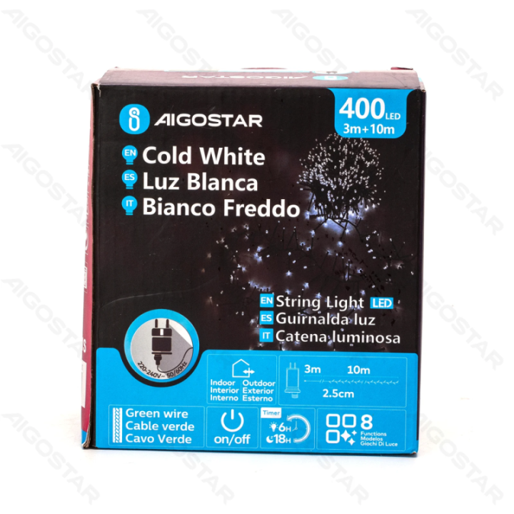 Žemos įtampos petardų plokščios girliandos, balta, 10m ,IP44, vidaus ir lauko, spalvota dėžė