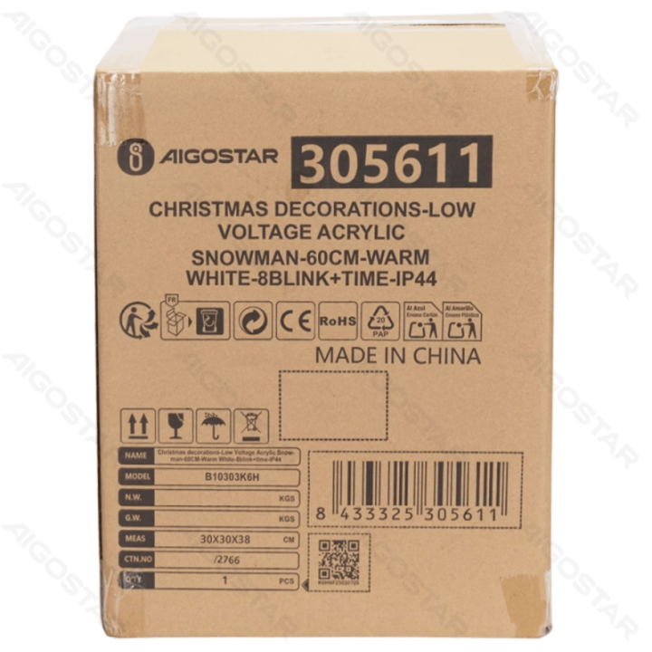 Žemos įtampos akrilinis sniego senelis, šiltai balta, 0.6m ,IP44, vidaus ir lauko
