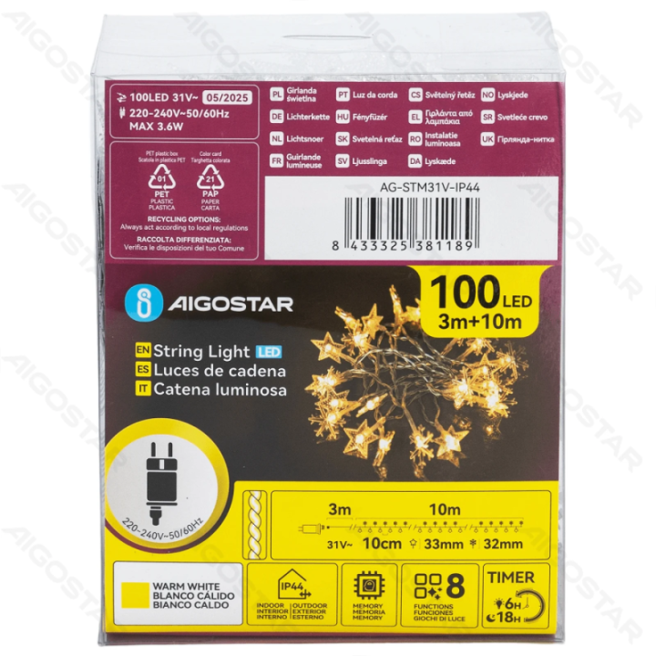 Low voltage star snowflake string lights, warm white, 10m ,IP44, Indoor&Outdoor