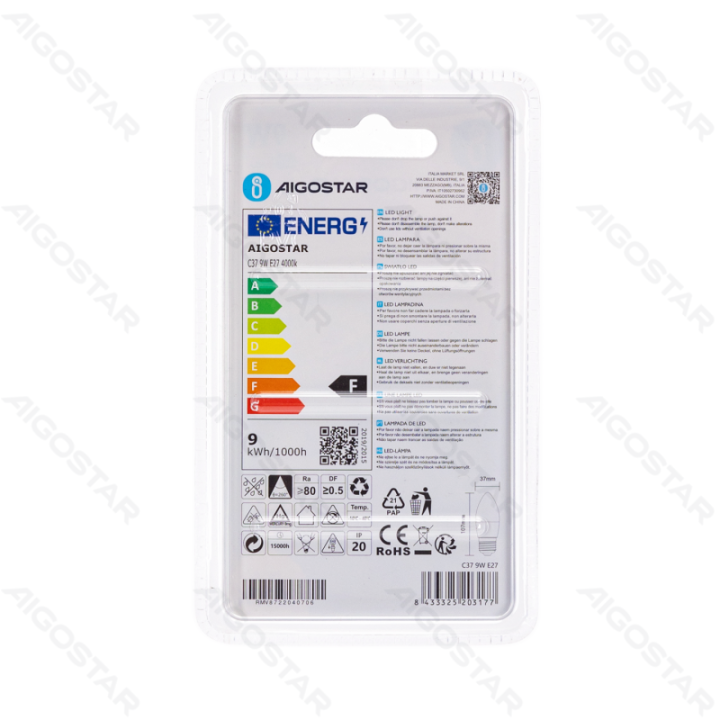 LED C37 apvalioji lemputė-E27-9W-4000K-840lm