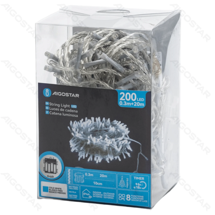 4AA battery flat string lights, Cold white, 20m, IP44, Indoor&Outdoor