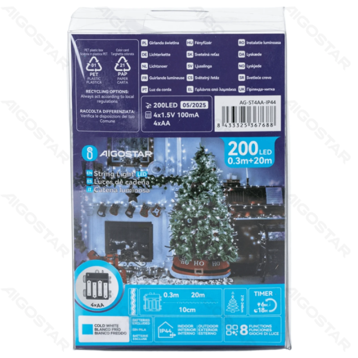 4AA battery flat string lights, Cold white, 20m, IP44, Indoor&Outdoor