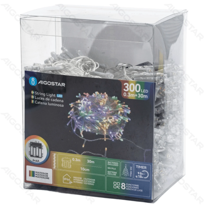 4AA baterijų plokščios girliandos, RGBY, 30m, IP44, Patalpoms &amp; Laukui