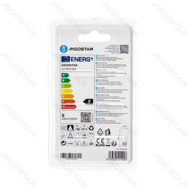 LED C37 apvalioji lemputė-E27-4.9W-6500K-420lm