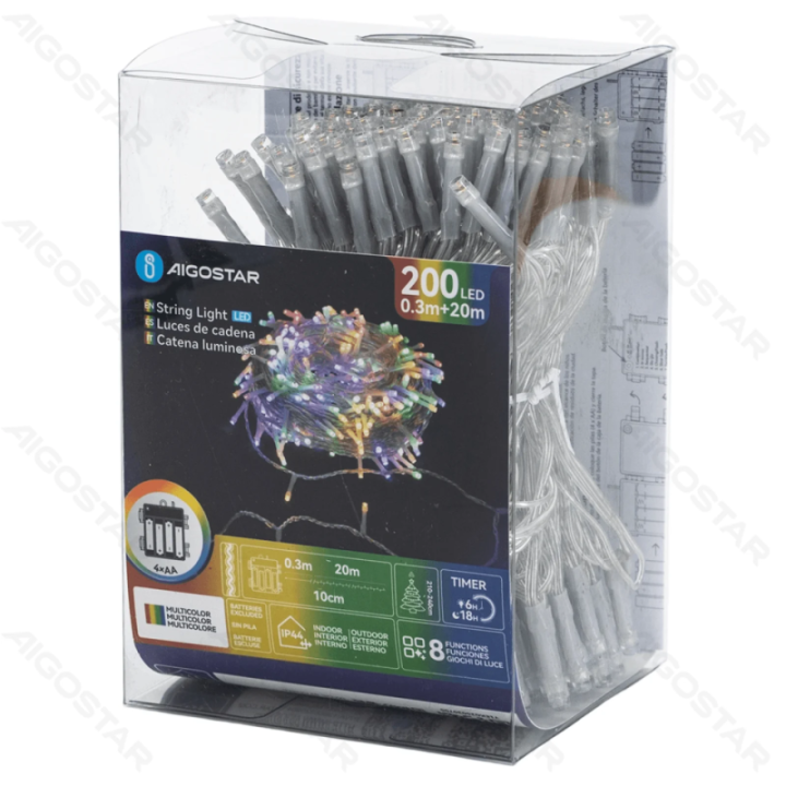 4AA baterijų plokščios girliandos, RGBY, 20m, IP44, Patalpoms &amp; Laukui