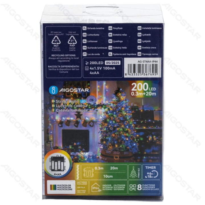 4AA baterijų plokščios girliandos, RGBY, 20m, IP44, Patalpoms &amp; Laukui