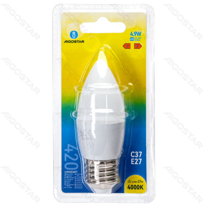 LED C37 apvalioji lemputė-E27-4.9W-4000K-420lm