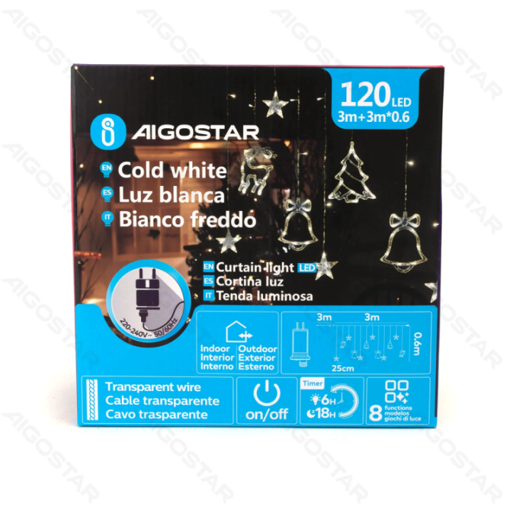 Žemos įtampos sujungiamas varveklio banga su varpeliais, elniuku ir eglute, šaltai balta, 3m+3m*0.6m, 12 juostų, IP44, vidaus i…