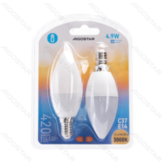 LED C37 apvalioji lemputė-E14-4.9W-3000K-420lm-2 vnt