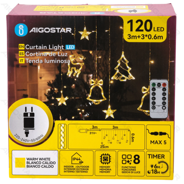 Low voltage connectable Icicle Wave with Bells, Deer & Christmas Tree, warm white, 3m+3m*0.6m, 12strips ,IP44, Indoor&Outdoor