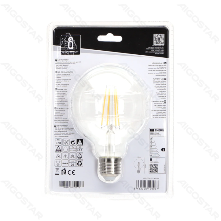 LED siūlinė lemputė (skaidri) G95 E27 8W