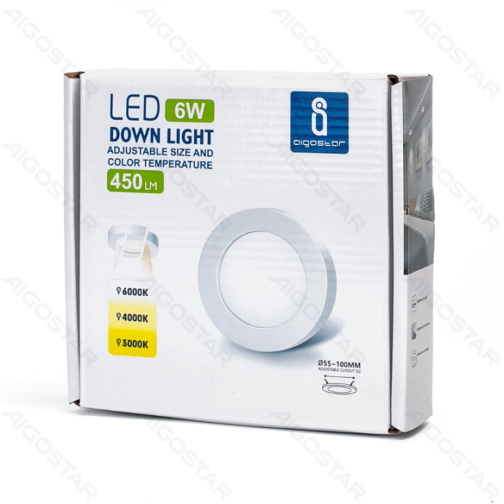 E6 LED apvalus šviestuvas 6W reguliuojamas dydis ir spalvos temperatūra