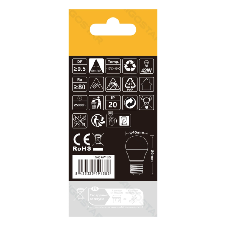 LED G45 E27 6W 3000K