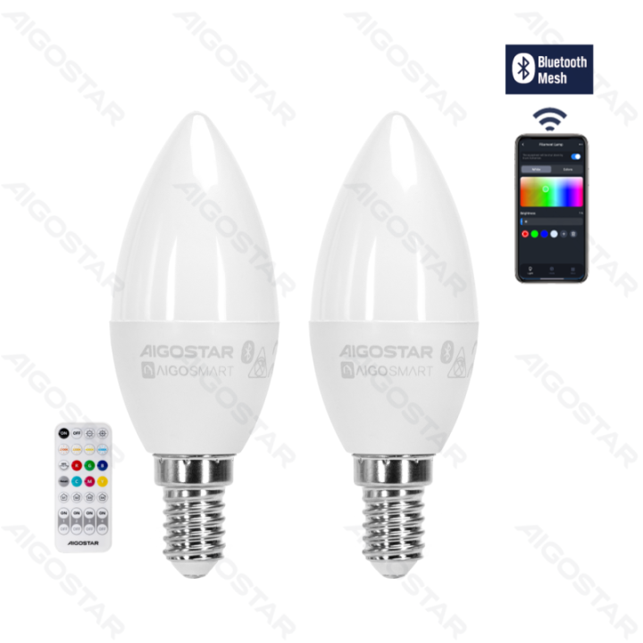 Bluetooth MESH C37 E14 6.5W RGB+CCT 2pcs, su nuotoliniu valdymu