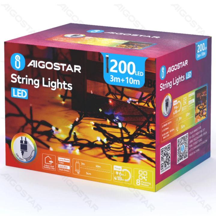 Žemos įtampos plokščios girliandos, RGBY, 10m IP44, patalpoms ir lauke, spalvota dėžutė