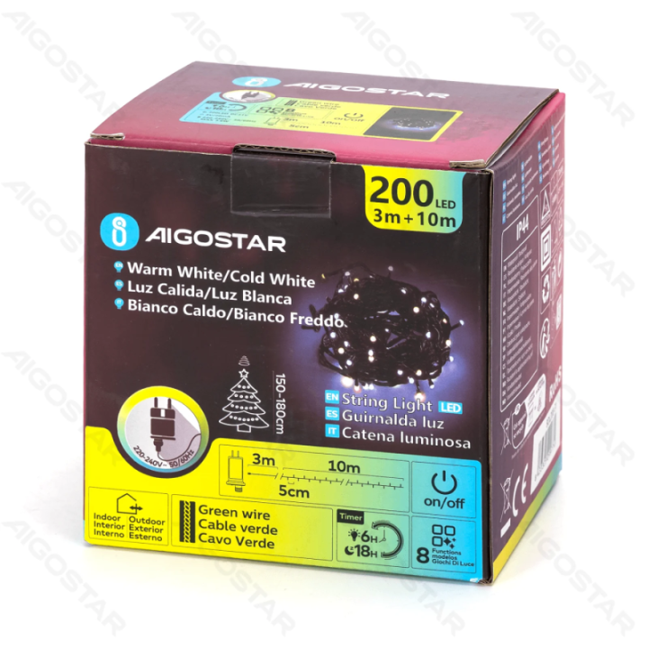 Low voltage flat string lights, warm white-cold white, 10m,color box