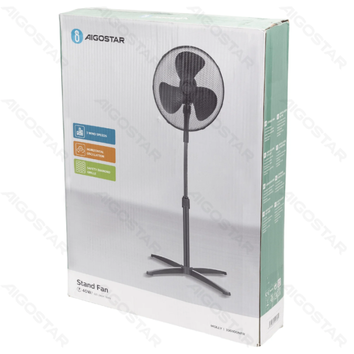 Stand Fan,16 Inches, 3 Blades, 3 Speeds, Black