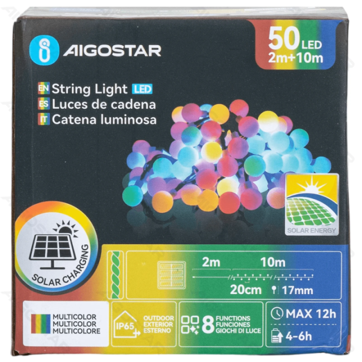 Solar milk bulb string lights, RGBY, 2m+10m