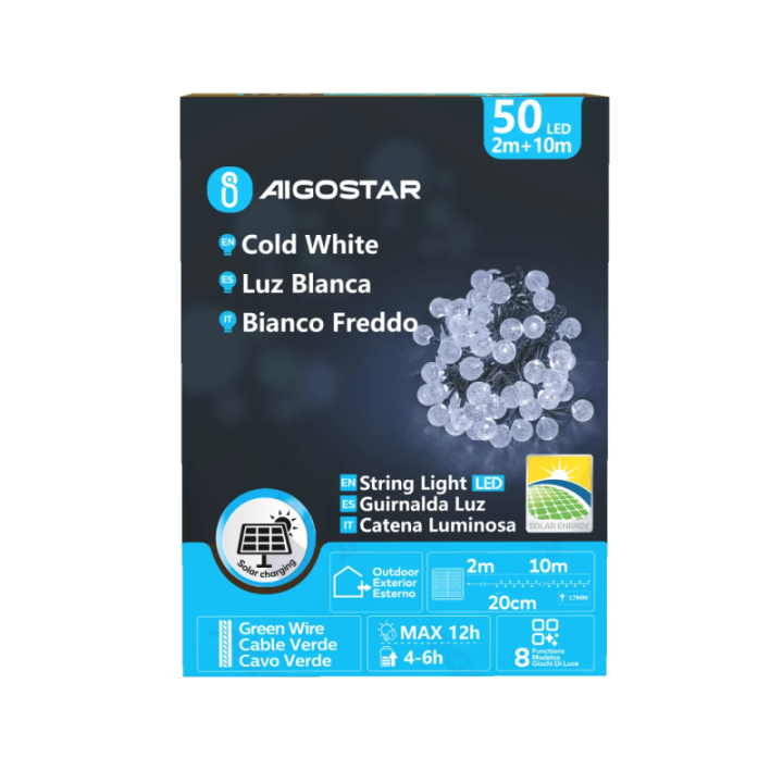 Solar bubble string lights, cold white, 2m+10m