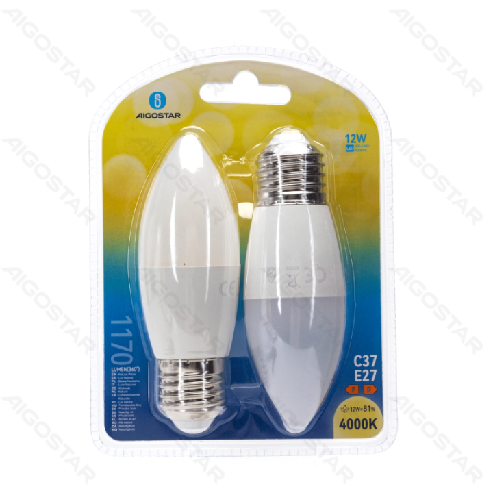 LED C37 E27 12W 1170lm 4000K 2pcs