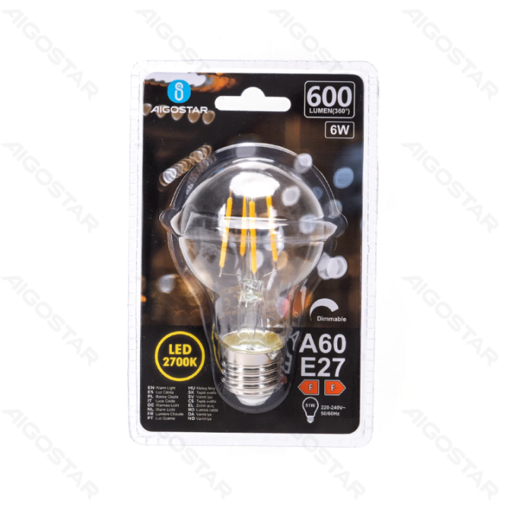 LED dimeriuojama filamento lemputė A60 E27 6W 2700K